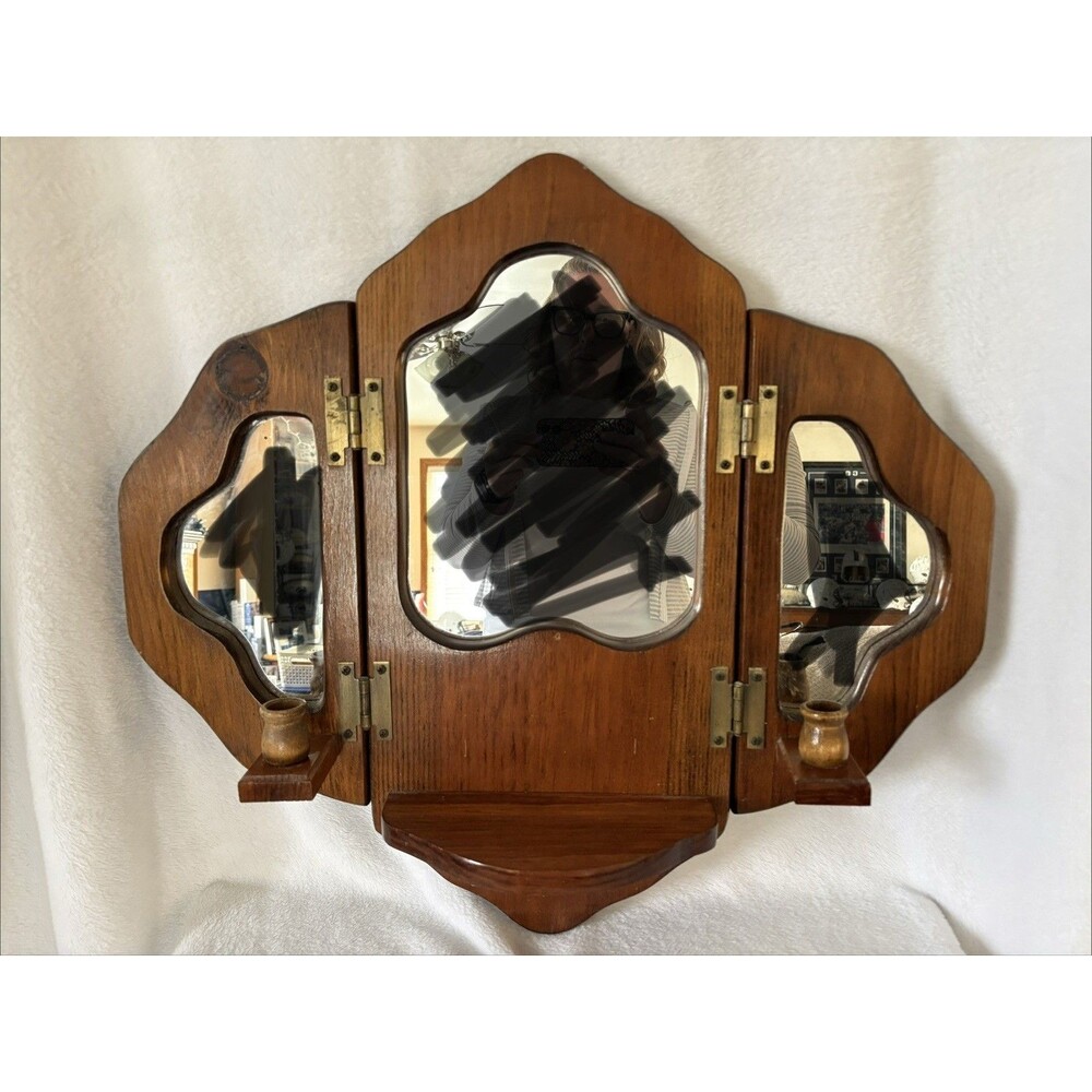 Vintage Wood Hanging Decorative Mirror, Shelf, & Candle/Votive Holder